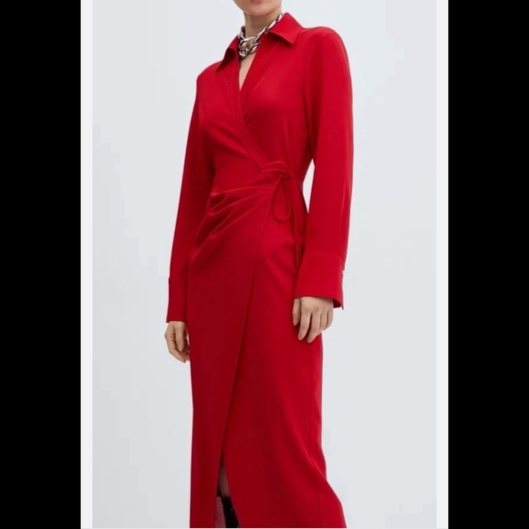 MANGO Bilma Wrap Front Long Sleeve Midi Dress Shirtdress Size S, Red - Picture 1 of 6